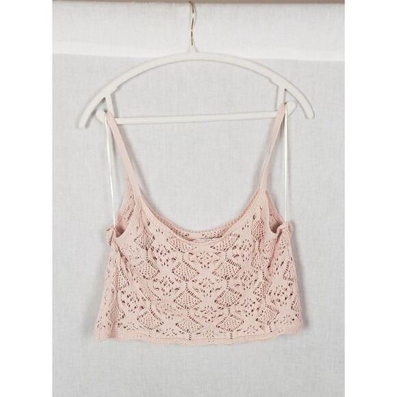 Double Zero Tank Top L Pink Crochet Knit Crop Cami 100% Cotton Dainty Coquette - Picture 2 of 7